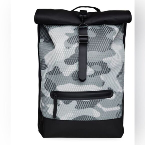 NWT RAINS Rolltop Rucksack Mesh Backpack Camo Gray/Black Waterproof main image 4